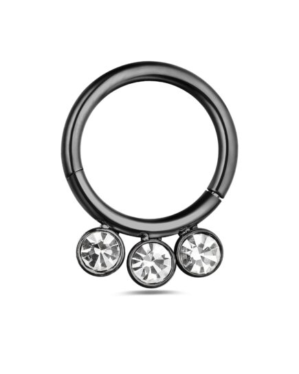 10mmx1.2mm Black Titanium 3 CZ Stones in Bezel Set Hinged Segment Clicker Ring
