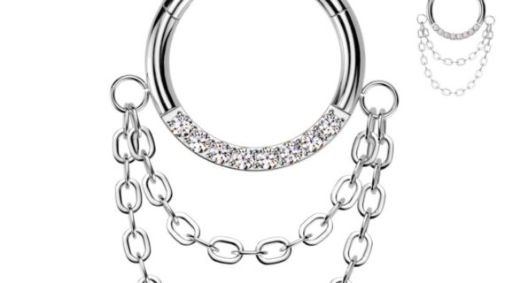 Silver 10x1.2 G23 Jewelled Face+Chain Hinged Rings